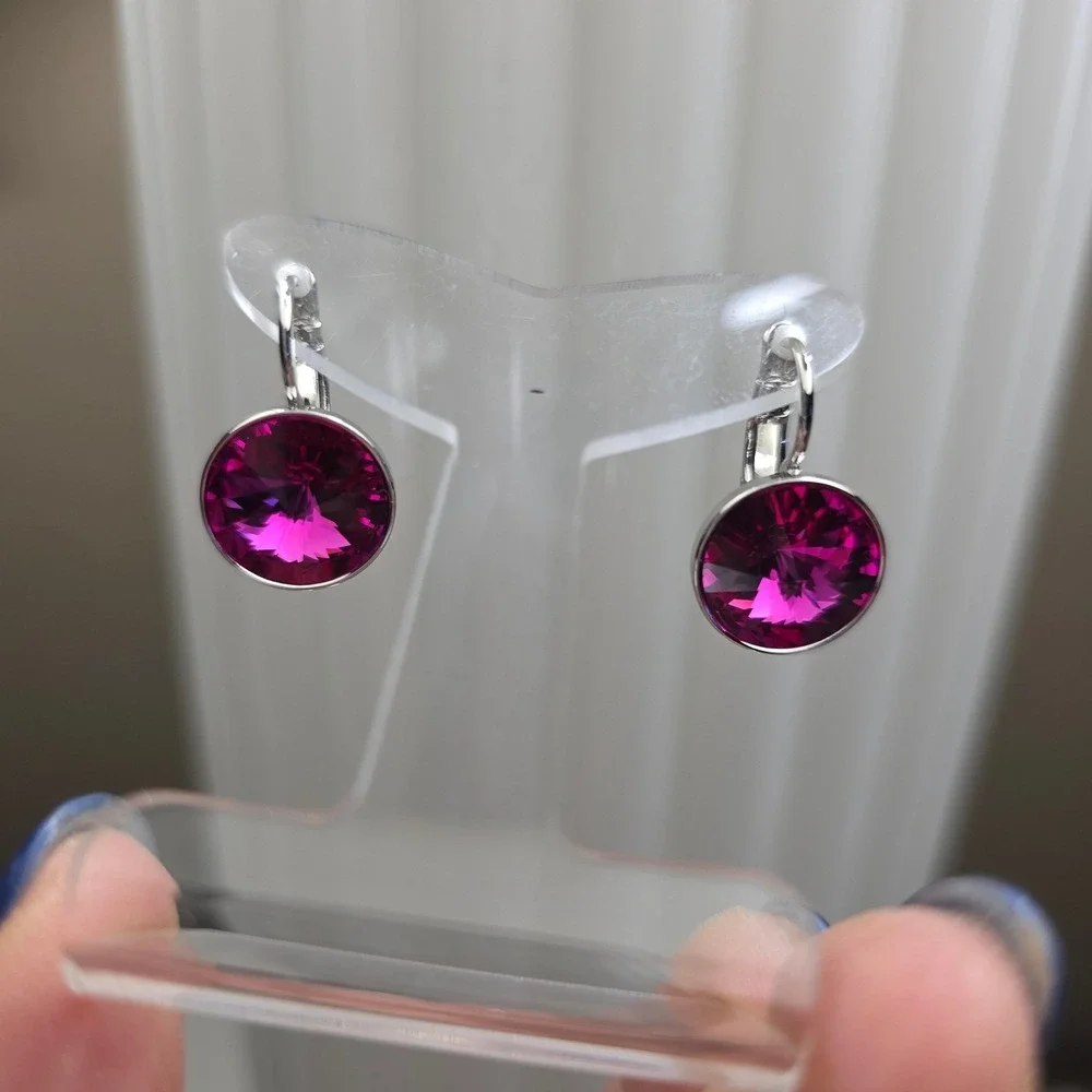 NWT FuchsiaPink Swarovski Elements 13mm Leverback Earrings PlatinumPlatedㅇ Shiny